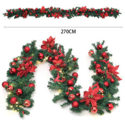 Living And Home 2.7M Artificial Red Ball Flower Christmas Garland Home Xmas Decor With Led Light String - thumbnail 5