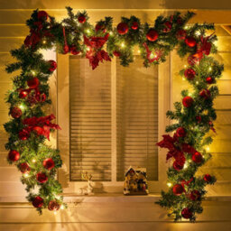 Living And Home 2.7M Artificial Red Ball Flower Christmas Garland Home Xmas Decor With Led Light String - thumbnail 2