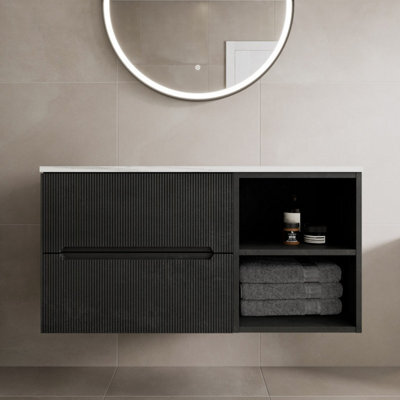 Aveli 1000mm Bathroom Vanity Unit White Marble Countertop Wall Hung Fluted Black Unit - image 1