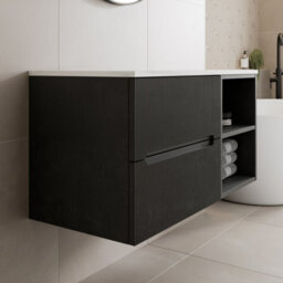 Aveli 1000mm Bathroom Vanity Unit White Marble Countertop Wall Hung Fluted Black Unit - thumbnail 2