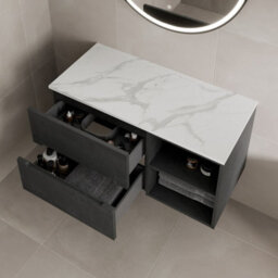 Aveli 1000mm Bathroom Vanity Unit White Marble Countertop Wall Hung Fluted Black Unit - thumbnail 3