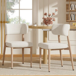 Btm Set Of 2 Metal Dining Chairs, Boucle Upholstery, Natural Wood Finish, For Home And Café