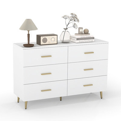 Gainoom 6 Drawer Dresser White Wooden Wide Chest Of Drawers W/ Anti-Toppling Device - image 1