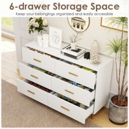 Gainoom 6 Drawer Dresser White Wooden Wide Chest Of Drawers W/ Anti-Toppling Device - thumbnail 6