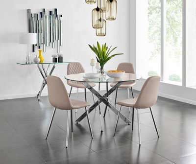 Furniturebox Uk Novara Chrome Metal And Glass Large Round Dining Table And 4 Cappuccino Beige Corona Silver Chairs Set - image 1