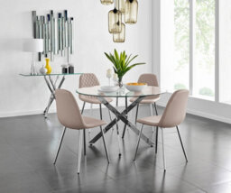 Furniturebox Uk Novara Chrome Metal And Glass Large Round Dining Table And 4 Cappuccino Beige Corona Silver Chairs Set