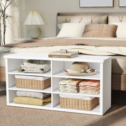 Ledrem Shoe Storage Bench, 6 Compartments, Adjustable Shelves, For Living Room, Entryway, Dorm, White - thumbnail 1