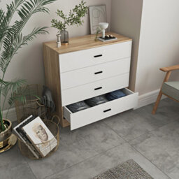 Urbnliving Height 73Cm 4 Drawer Wooden Bedroom Chest Cabinet Modern Oak Carcass And White Drawers Wide Storage Cupboard Closet - thumbnail 3