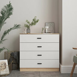 Urbnliving Height 73Cm 4 Drawer Wooden Bedroom Chest Cabinet Modern Oak Carcass And White Drawers Wide Storage Cupboard Closet - thumbnail 2