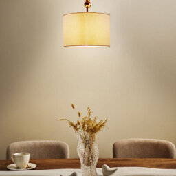Wyld And Coco Brass Pendant Lamp With Pale Fabric Drum Shade Mid-Century Modern, W35 X D35 X H203Cm - thumbnail 2