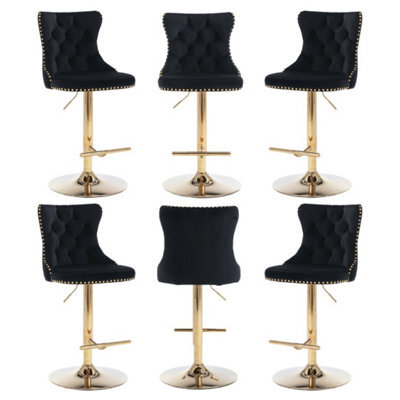 HomeTouch Set Of 6 Luxury Black Velvet Adjustable Swivel Bar Stools With Gold Base - image 1