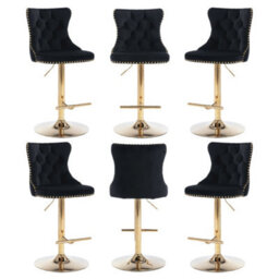HomeTouch Set Of 6 Luxury Black Velvet Adjustable Swivel Bar Stools With Gold Base