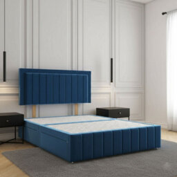 REGIONAL FURNISHINGS Blue Plush Velvet Divan Bed Set Upholstered 24Inch Headboard & Footboard & 4 Drawers No Mattress In 3Ft 4Ft 4Ft6 5Ft 6Ft Sizes - thumbnail 1