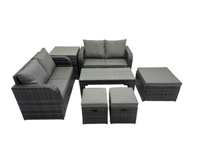 Fimous 3 Seater Sofa Reclining Chair Coffee Table Set Rattan Garden Outdoor Furniture Set With Side Table 3 Stools Dark Grey Mixed - image 1