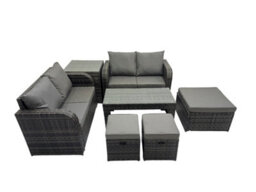 Fimous 3 Seater Sofa Reclining Chair Coffee Table Set Rattan Garden Outdoor Furniture Set With Side Table 3 Stools Dark Grey Mixed - thumbnail 1