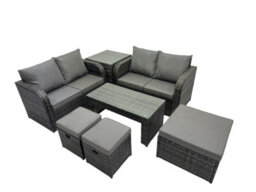 Fimous 3 Seater Sofa Reclining Chair Coffee Table Set Rattan Garden Outdoor Furniture Set With Side Table 3 Stools Dark Grey Mixed - thumbnail 2