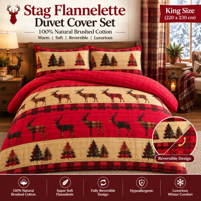 Stag Flannelette 100% Natural Brushed Cotton Luxurious Duvet Cover Sets Reversible Bedding Sets With Matching Pillowcases - image 1