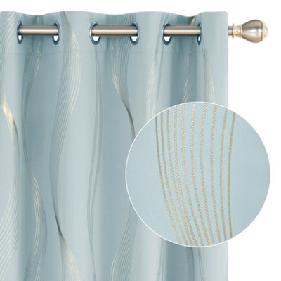 Deconovo Blackout Eyelet Curtains Thermal Insulated Gold Wave Line Foil Printed Curtains For Kids 52X72 Inch Light Blue 2 Panels - image 1