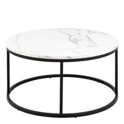 Wyld Haus Odense Round Coffee Table White Marble Effect Top Black Hairpin Legs - thumbnail 4