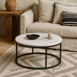 Wyld Haus Odense Round Coffee Table White Marble Effect Top Black Hairpin Legs - thumbnail 2