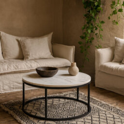 Wyld Haus Odense Round Coffee Table White Marble Effect Top Black Hairpin Legs - thumbnail 1