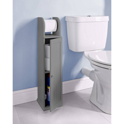 Spot On Dealz Wooden Toilet Roll Holder Cupboard Cabinet Free Standing Bathroom Paper Storage With Shelf Grey - image 1