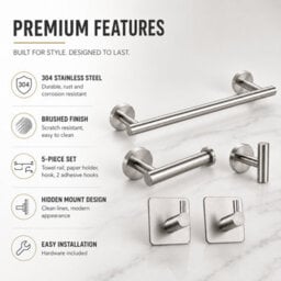 Billtix 5-Piece Bathroom Accessories Set Silver Towel Rail Toilet Roll Holder Wall Mounted Stainless Steel Kit - thumbnail 8
