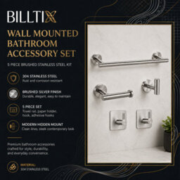 Billtix 5-Piece Bathroom Accessories Set Silver Towel Rail Toilet Roll Holder Wall Mounted Stainless Steel Kit - thumbnail 3