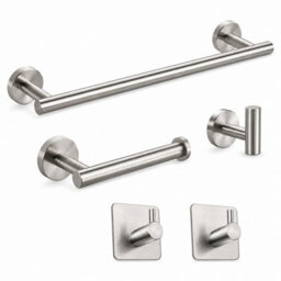 Billtix 5-Piece Bathroom Accessories Set Silver Towel Rail Toilet Roll Holder Wall Mounted Stainless Steel Kit - thumbnail 1