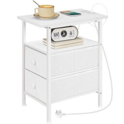 Bedside Table 2 Non Woven Drawers Side Table With Usb Ports White Nightstand - thumbnail 5