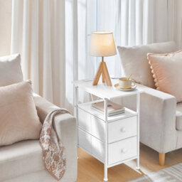 Bedside Table 2 Non Woven Drawers Side Table With Usb Ports White Nightstand - thumbnail 1