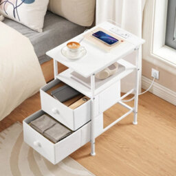 Bedside Table 2 Non Woven Drawers Side Table With Usb Ports White Nightstand - thumbnail 3