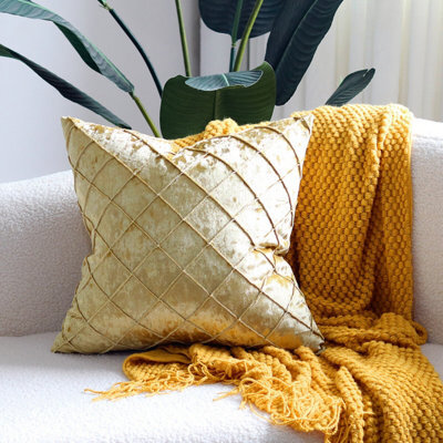 "18"" Gold Velvet Checked Cushion Cover For Sofa & Home Decor" - image 1