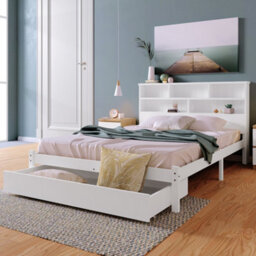 Abrihome 4Ft6 Double Bed With Shelves, White Wooden Storage Bed, Underbed Drawer - thumbnail 1