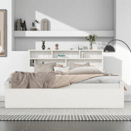 Abrihome 4Ft6 Double Bed With Shelves, White Wooden Storage Bed, Underbed Drawer - thumbnail 5