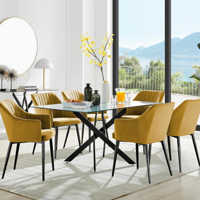 Furniturebox Uk Leonardo Black Leg Glass Dining Table & 6 Mustard Calla Black Leg Chairs