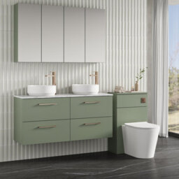 Nuie Arno Wall Hung 4-Drawer Vanity Unit With Laminate Worktop In Carrera Marble, Premium Counter Top Vanity Unit In Satin Green - thumbnail 3