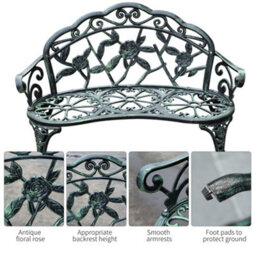 Wyld Haus Rakeba Cast Aluminium Antique Green 2-Seater Garden Bench With Floral Backrest - 100Cm - thumbnail 6