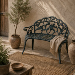 Wyld Haus Rakeba Cast Aluminium Antique Green 2-Seater Garden Bench With Floral Backrest - 100Cm