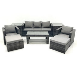 Fimous 7 Seater Rattan Garden Furniture Set Outdoor Lounger Sofa With Coffee Table 2 Armchair 2 Big Footstools 2 Side Tables - thumbnail 1