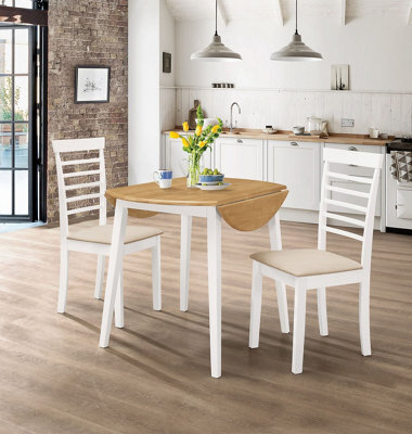 Hallowood Furniture Ledbury Drop Leaf Round Table Set With 2 Chairs In White Painted And Oak Finish - image 1