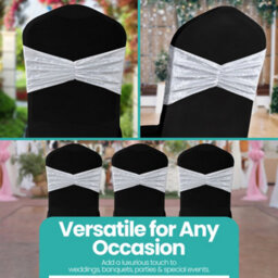 Neel Blue Pack Of 10 Velvet Chair Band Glitz Shiny Fabric Strechy Chair Band Sash, White - thumbnail 8