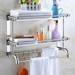 Living And Home Chrome Wall Mounted Stainless Steel Bathroom Towel Rack With 2 Tier Storage Shelf And Hooks - thumbnail 2