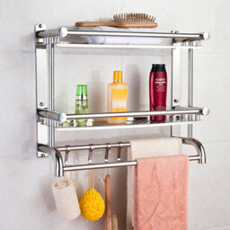 Living And Home Chrome Wall Mounted Stainless Steel Bathroom Towel Rack With 2 Tier Storage Shelf And Hooks - thumbnail 3
