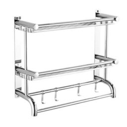 Living And Home Chrome Wall Mounted Stainless Steel Bathroom Towel Rack With 2 Tier Storage Shelf And Hooks - thumbnail 6