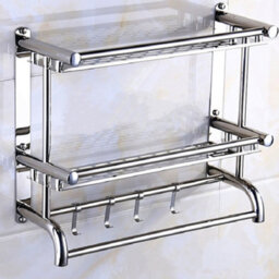 Living And Home Chrome Wall Mounted Stainless Steel Bathroom Towel Rack With 2 Tier Storage Shelf And Hooks - thumbnail 7