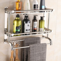 Living And Home Chrome Wall Mounted Stainless Steel Bathroom Towel Rack With 2 Tier Storage Shelf And Hooks