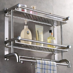 Living And Home Chrome Wall Mounted Stainless Steel Bathroom Towel Rack With 2 Tier Storage Shelf And Hooks - thumbnail 4