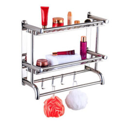 Living And Home Chrome Wall Mounted Stainless Steel Bathroom Towel Rack With 2 Tier Storage Shelf And Hooks - thumbnail 5