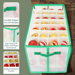 Pelle & Sol Christmas Bauble Storage Box, Green - 112 Ornament Capacity With Padded Dividers, Zipped Lid And Carry Handles - thumbnail 2